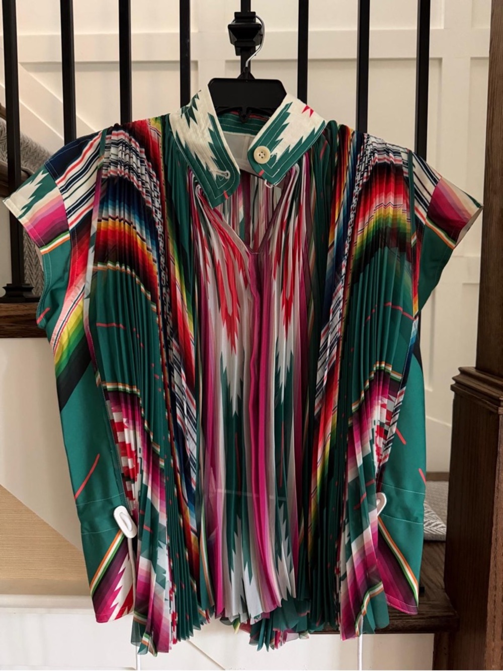 Miu Miu Multicolor Pleated Silk Blouse with Green, Pink, White and Navy